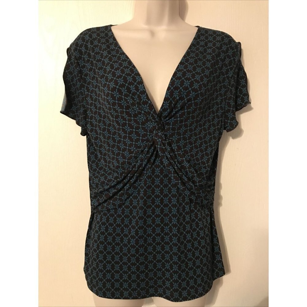 Vtg Y2K Geometric Print Top Size Medium Teal and Brown Stretchy Ruched Blouse